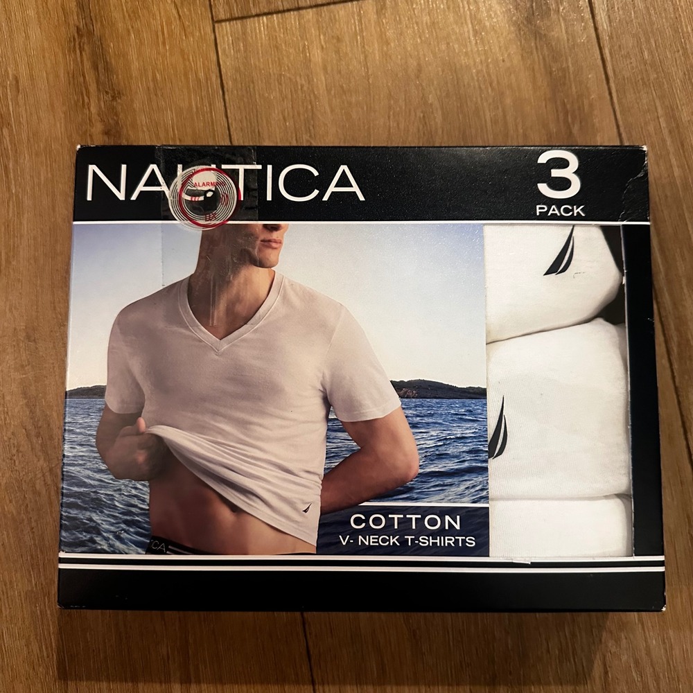 Nautica Mens 3 Pack Cotton V-Neck T-Shirts White Classic Fit Size Small S 34-36